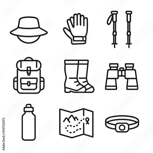 Hiking Essentials Icons. Outline icon set of hiking head and hand kit: sun hat, hiking gloves, trekking poles, backpack, gaiters,