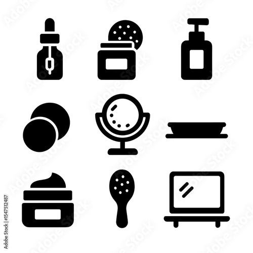 Skincare Essentials Icons. Solid, filled icons set of skincare essentials at the mirror: serum bottle, toner