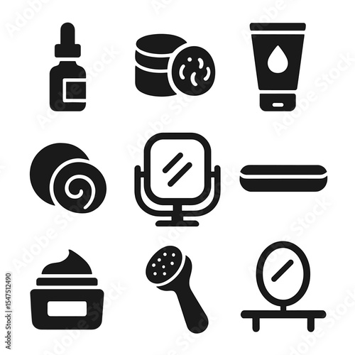 Skincare Essentials Icons. Solid, filled icons set of skincare essentials at the mirror: serum bottle, toner