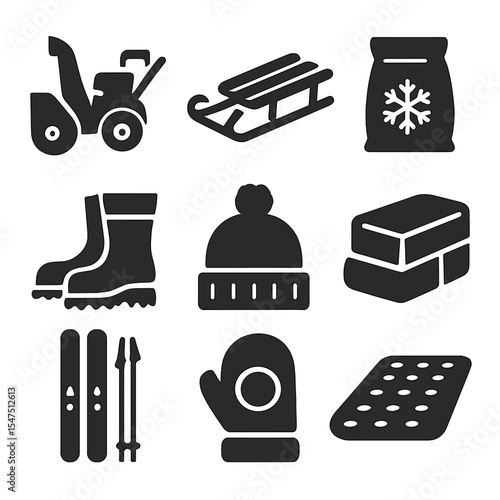 Snow Day Essentials. Solid, filled icons set of snow day equipment: snow blower, snow sled, deicer bag,