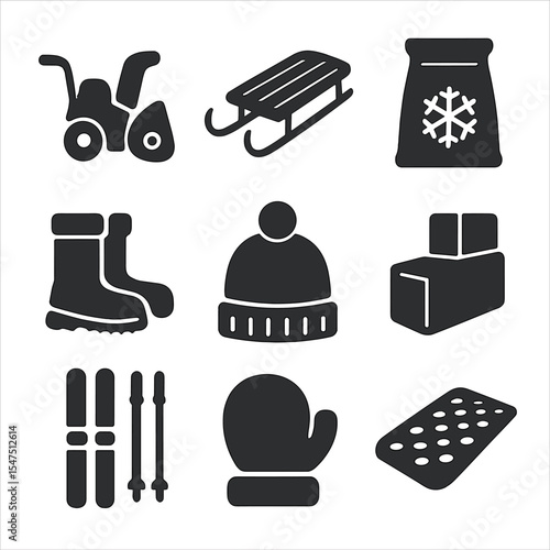 Snow Day Essentials. Solid, filled icons set of snow day equipment: snow blower, snow sled, deicer bag,