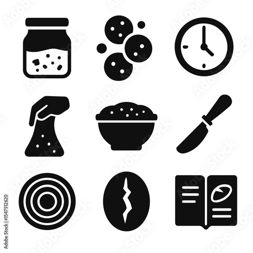 Sourdough Essentials Icons. Solid, filled icons set of sourdough bread essentials: wild yeast jar, starter