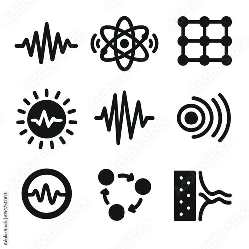 Sound Wave Icons. Solid, filled icons set of sound waves affecting matter: sound wave, vibrating atom,