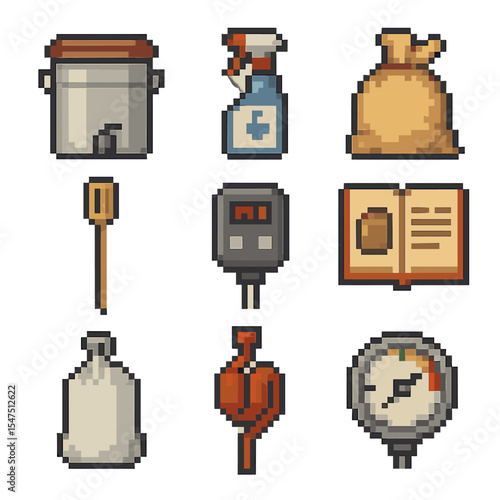 Homebrewing Kit Icons. Pixel art icon set of homebrewing kit: brew bucket, sanitizer spray, grain bag, stir paddle, temperature