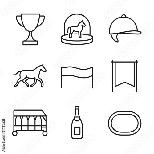 Horse Racing Icons Set. Outline icon set of horse racing stakes: trophy cup, winner’s circle, racehorse silhouette, jockey helmet,