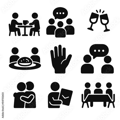Social Interaction Icons. Solid, filled icons set of in-person social interactions: coffee meet, group chat,