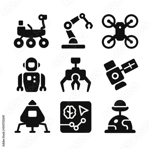 Space Robotics Icons. Solid, filled icons set of space robotics: Mars rover, satellite arm, space drone,