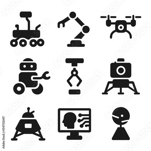 Space Robotics Icons. Solid, filled icons set of space robotics: Mars rover, satellite arm, space drone,