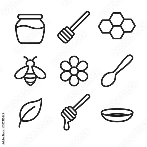 Honey Icon Set. Outline icon set of open jar of honey: honey jar, dipper stick, honeycomb, bee silhouette, flower blossom, spoon,
