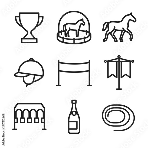Horse Racing Icons Set. Outline icon set of horse racing stakes: trophy cup, winner’s circle, racehorse silhouette, jockey helmet,