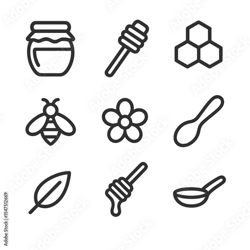 Honey Icon Set. Outline icon set of open jar of honey: honey jar, dipper stick, honeycomb, bee silhouette, flower blossom, spoon,