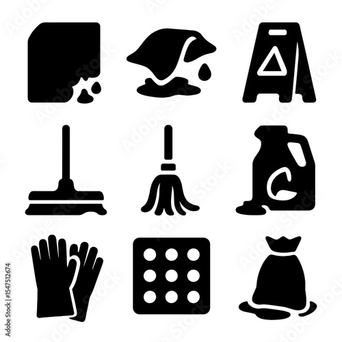 Spill Cleanup Icons. Solid, filled icons set of spill and mess cleanup gear: absorbent pad, wet cloth, caution