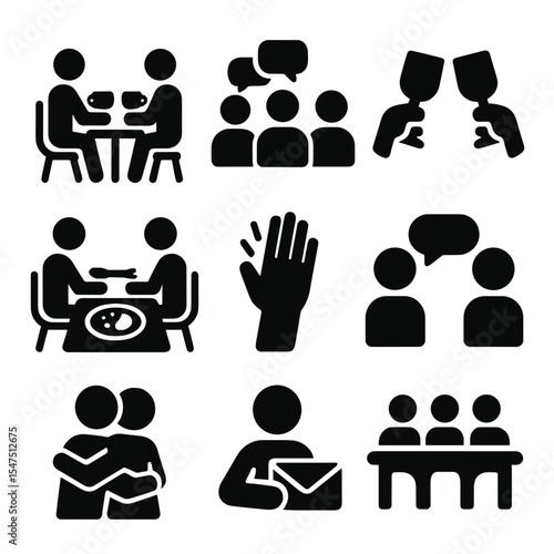 Social Interaction Icons. Solid, filled icons set of in-person social interactions: coffee meet, group chat,