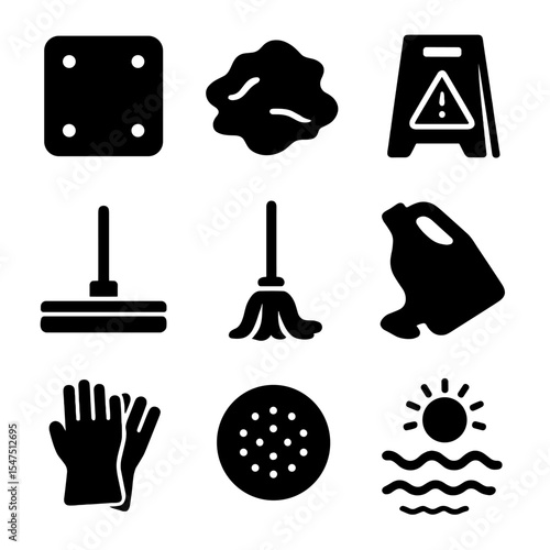 Spill Cleanup Icons. Solid, filled icons set of spill and mess cleanup gear: absorbent pad, wet cloth, caution