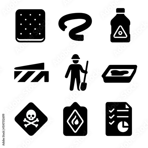 Spill Response Icons. Solid, filled icons set of spill response and cleanup: absorbent pad, spill boom,