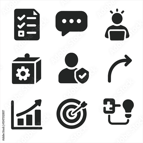 Startup Idea Icons. Solid, filled icons set of startup idea validation: survey form, feedback bubble, user