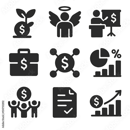 Startup Funding Icons. Solid, filled icons set of startup funding stages: seed money, angel investor, pitch