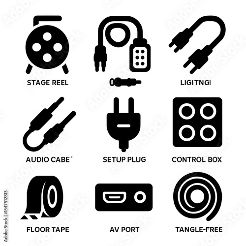 Stage Cable Icons. Solid, filled icons set of stage and event cabling: stage reel, power snake, lighting wire,