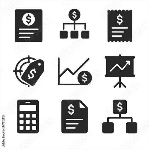 Startup Financial Icons. Solid, filled icons set of startup financial planning: budget sheet, revenue model,