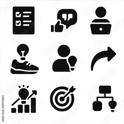 Startup Idea Icons. Solid, filled icons set of startup idea validation: survey form, feedback bubble, user