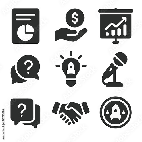 Startup Pitch Icons. Solid, filled icons set of startup pitch essentials: pitch deck, investor hand, growth