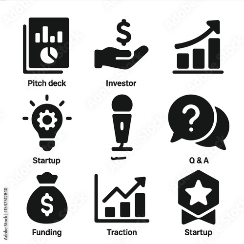 Startup Pitch Icons. Solid, filled icons set of startup pitch essentials: pitch deck, investor hand, growth