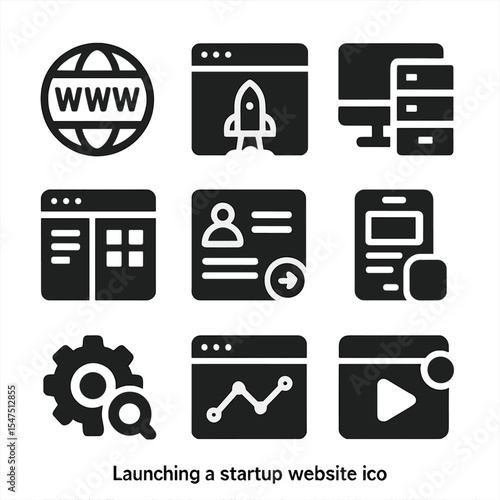 Startup Website Icons. Solid, filled icons set of launching a startup website: domain name, landing page,