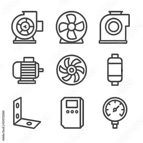 Industrial Blowers Icons. Outline icon set of industrial blowers: centrifugal fan, axial blower, blower housing, motor drive,