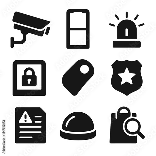 Store Security Icons. Solid, filled icons set of store security and loss prevention: CCTV camera, security
