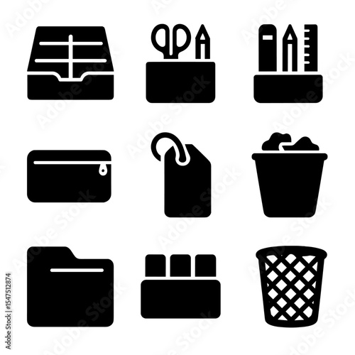 Stationery Icon Grid. Solid, filled icons set of stationery organization: drawer divider, supply box, pencil