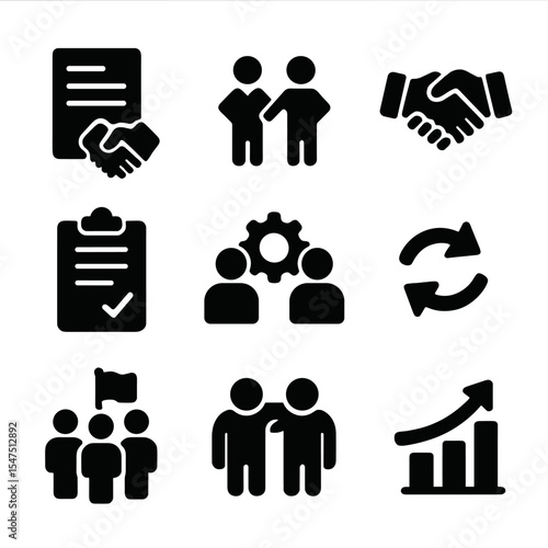 Strategic Partnership Icons. Solid, filled icons set of strategic partnerships: agreement paper, partner logo,