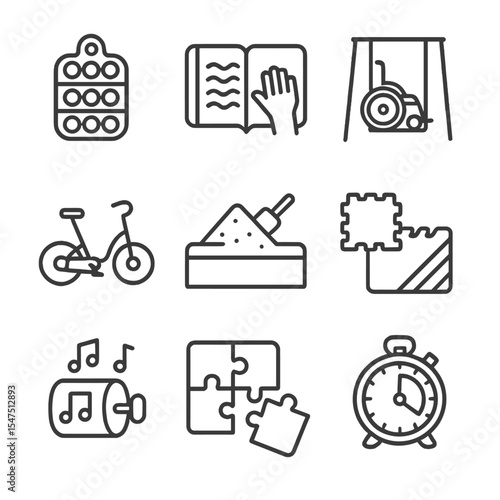 Inclusive Play Icon Set. Outline icon set of inclusive play activities: sensory toy, tactile board book, wheelchair swing,