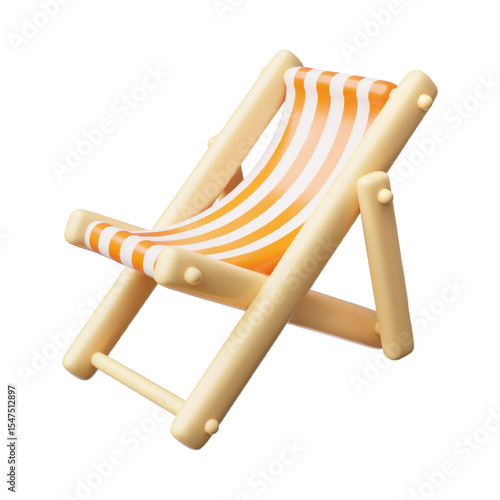 Wooden deck chair with striped fabric cartoon 3D vector icon, beach chaise longue for summer relaxing and sunbathing
