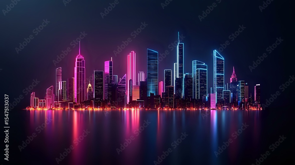 Fototapeta premium Futuristic city skyline with neon pink and blue glowing skyscrapers reflecting in calm water against dark night sky, creating vibrant urban landscape.