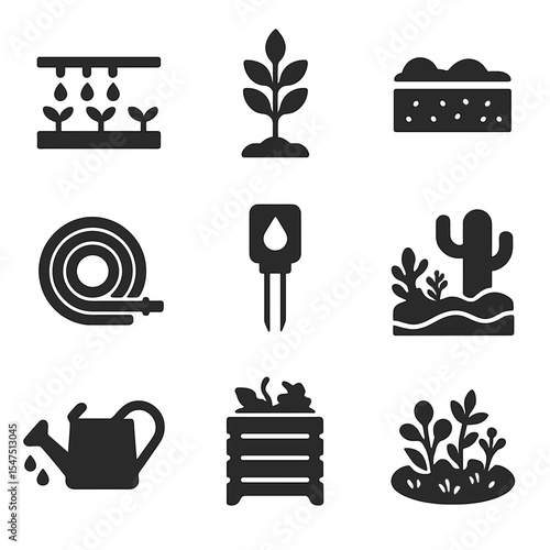 Sustainable Landscaping Icons. Solid, filled icons set of sustainable landscaping practices: drip irrigation,