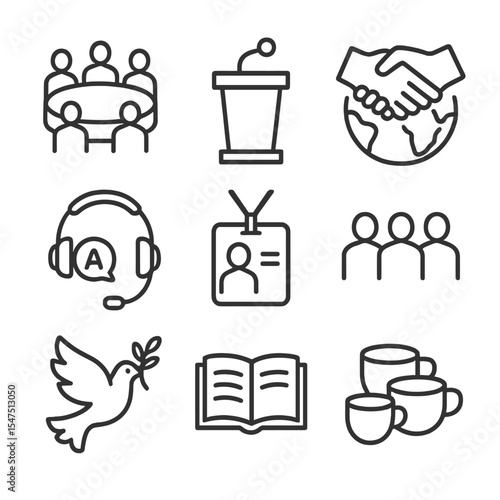 Interfaith Dialogue Icons. Outline icon set of interfaith dialogue events: roundtable, podium microphone, handshake over map,