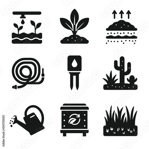 Sustainable Landscaping Icons. Solid, filled icons set of sustainable landscaping practices: drip irrigation,
