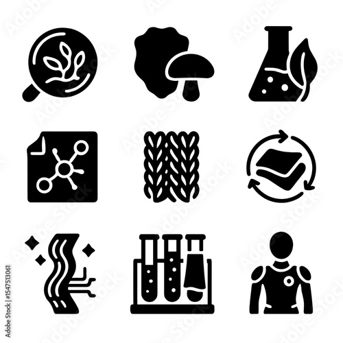 Sustainable Textile Icons. Solid, filled icons set of sustainable textile innovation: biofabricated textile,