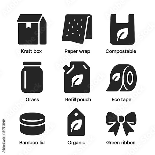 Sustainable Packaging Icons. Solid, filled icons set of sustainable packaging: kraft box, paper wrap,