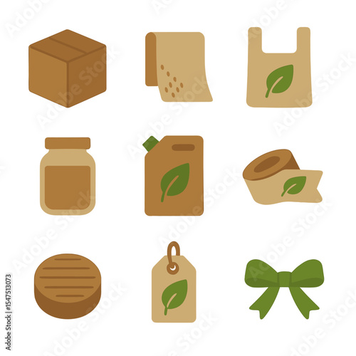 Sustainable Packaging Icons. Solid, filled icons set of sustainable packaging: kraft box, paper wrap,