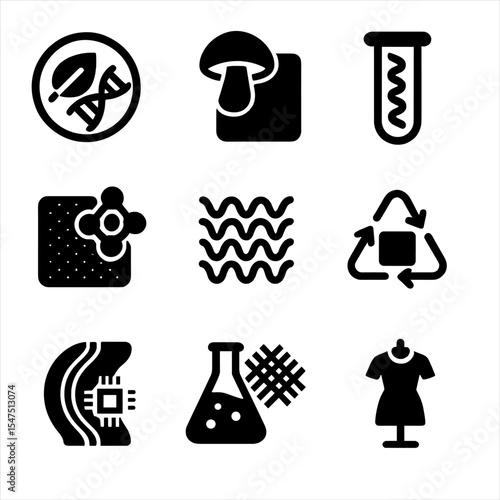 Sustainable Textile Icons. Solid, filled icons set of sustainable textile innovation: biofabricated textile,