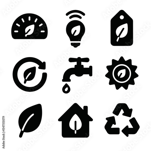Sustainable Utility Icons. Solid, filled icons set of sustainable utility use: eco meter, smart usage,