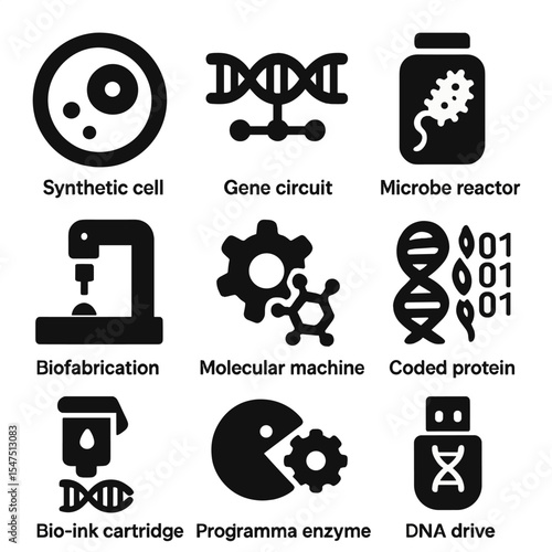 Synthetic Biology Icons. Solid, filled icons set of synthetic biology: synthetic cell, gene circuit, microbe