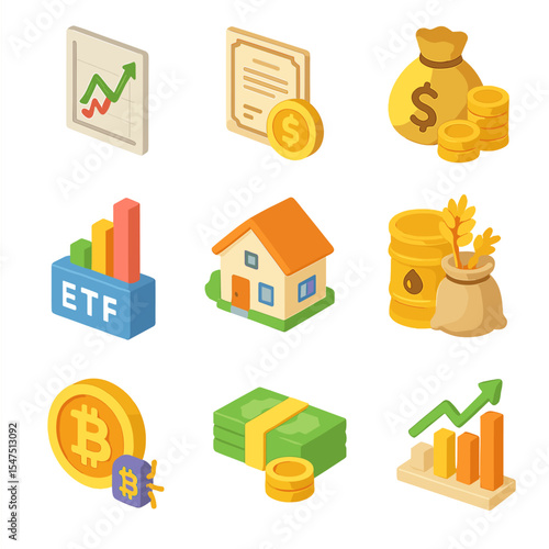 Investment Icon Grid. Isometric Flat icon set of investment allocation: stocks, bonds, mutual funds, ETFs, real estate,