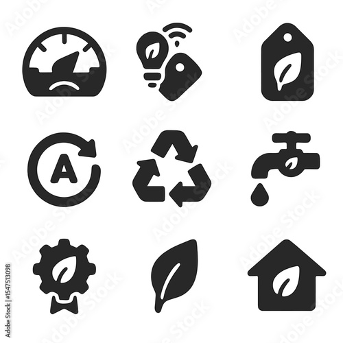 Sustainable Utility Icons. Solid, filled icons set of sustainable utility use: eco meter, smart usage,