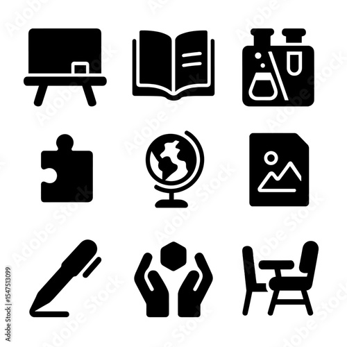 Tactile Learning Icons. Solid, filled icons set of tactile learning activities: chalkboard, physical book,