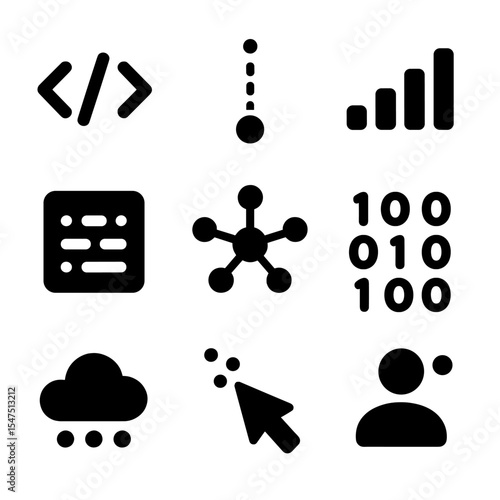Tech Icon Grid. Solid, filled icons set of tech and computing dot icons: code dot, network ping, signal dot,