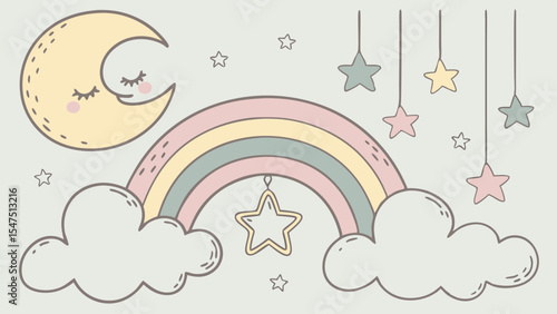 Cute sleeping moon stars rainbow clouds pastel illustration for baby nursery design sweet dreams background vector