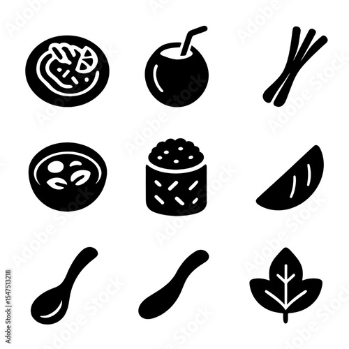 Thai Cuisine Icons. Solid, filled icons set of Thai cuisine: pad thai, coconut milk, chili pepper, lemongrass