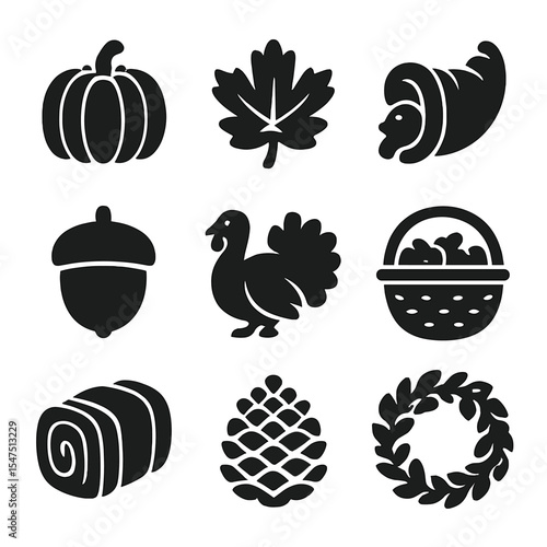 Thanksgiving Icons Grid. Solid, filled icons set of Thanksgiving decorations and fall foliage: pumpkin, autumn